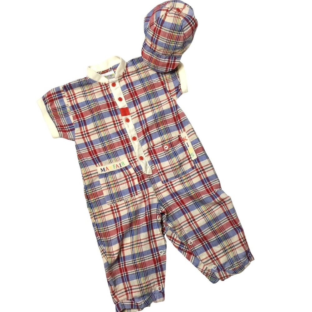 VTG MAYFAIR Kids Plaid Romper Hat Set 12M Red Blue Cotton Rainbow Trim 90s VBC